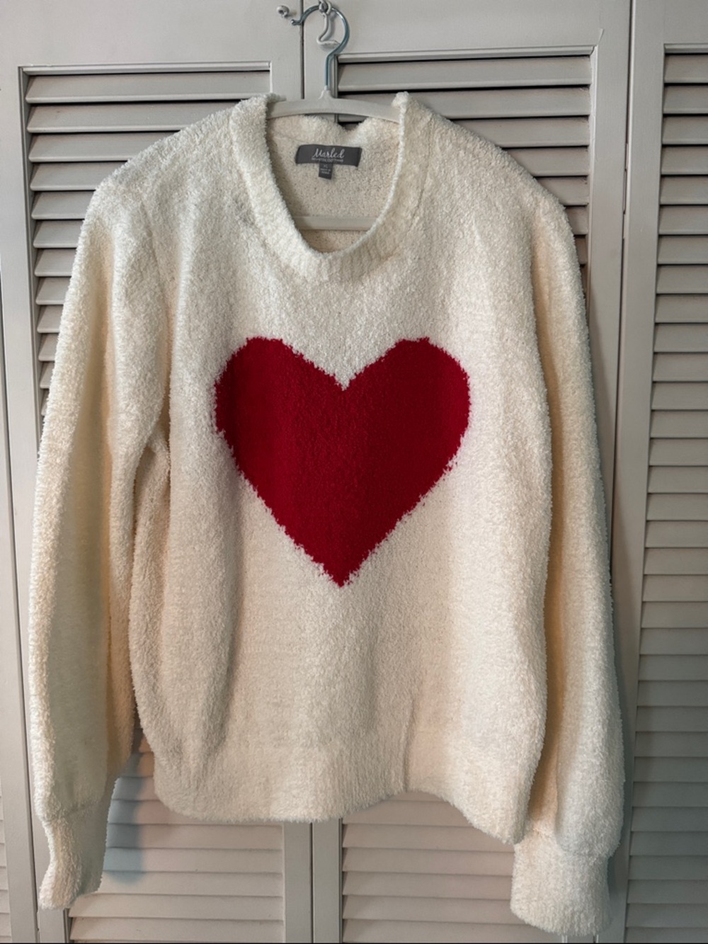Marled Cream Crewneck Sweater with Red Heart
